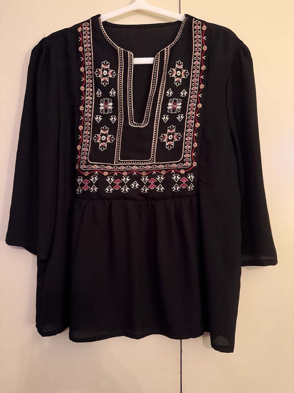 Black Embroidered Boho Peasant Top – Women’s Medium (based on measurements)